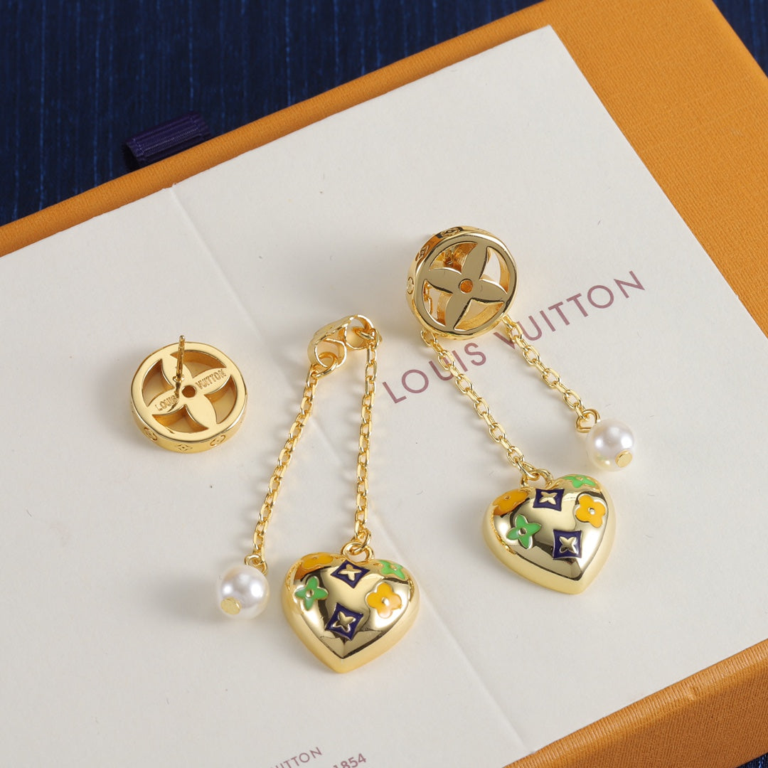 Heart & Pearl-Effect Double Chain Earrings