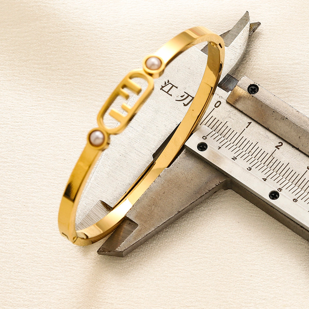 304 Stainless Steel F-Motif Stone-Accent Bangle Bracelet
