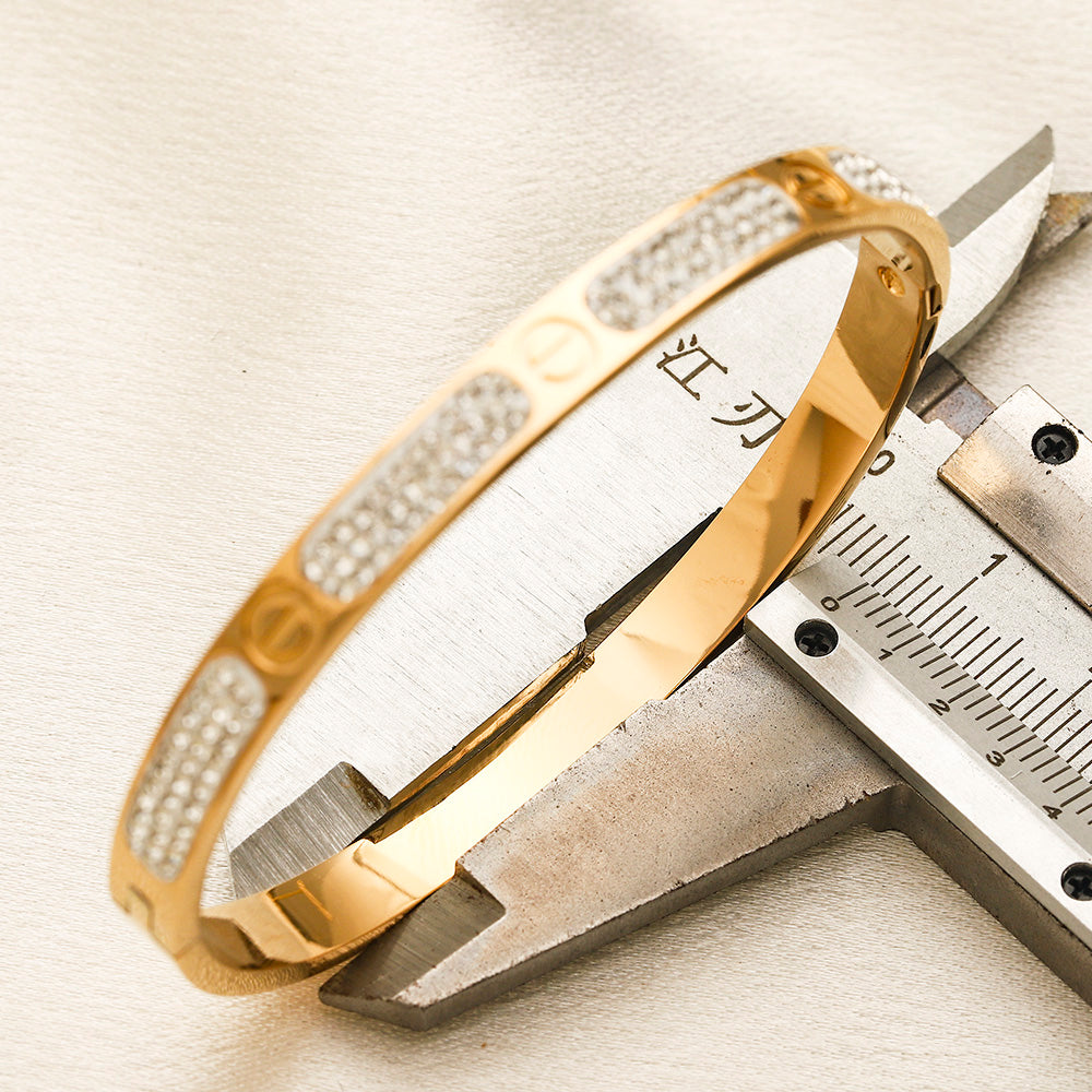 304 Stainless Steel Pave Screw-Motif Slim Bangle Bracelet