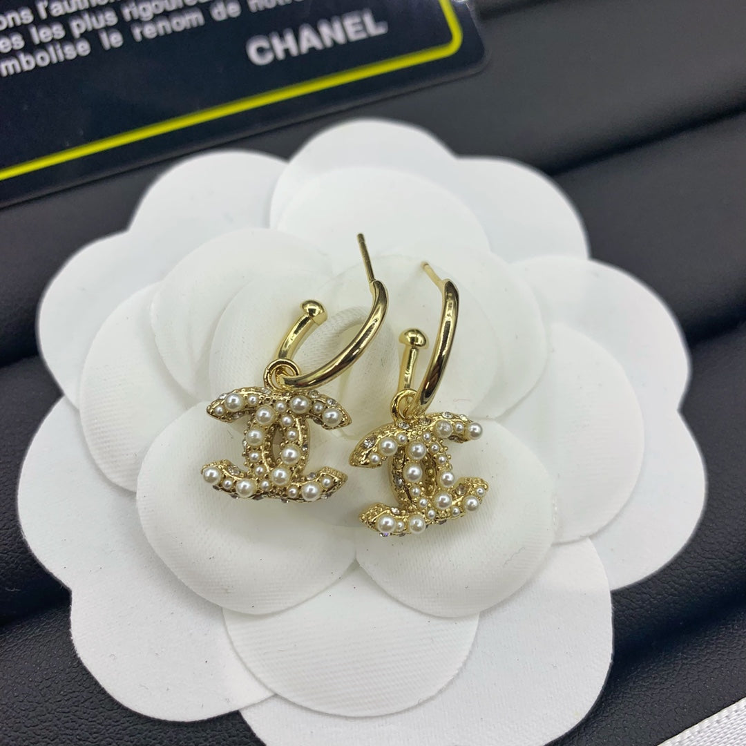 Pave Interlocking-C Charm Hoop Earrings