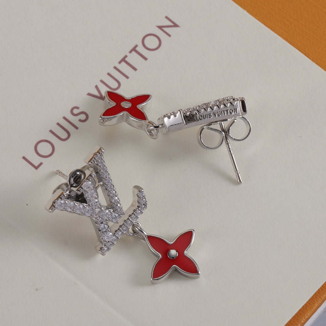 Monogram & Red Flower Drop Earrings