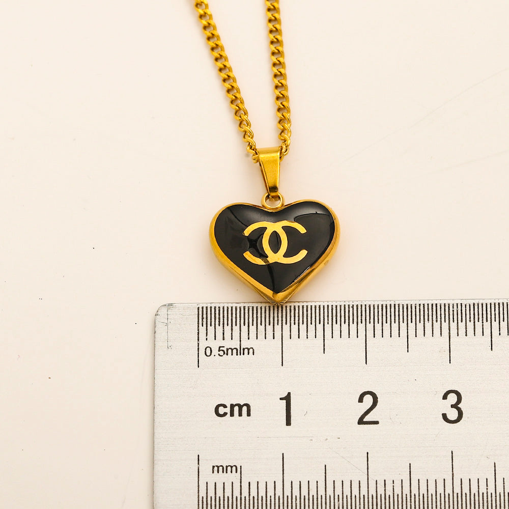 304 Stainless Steel Color-Inlay Interlocking-C Heart Necklace