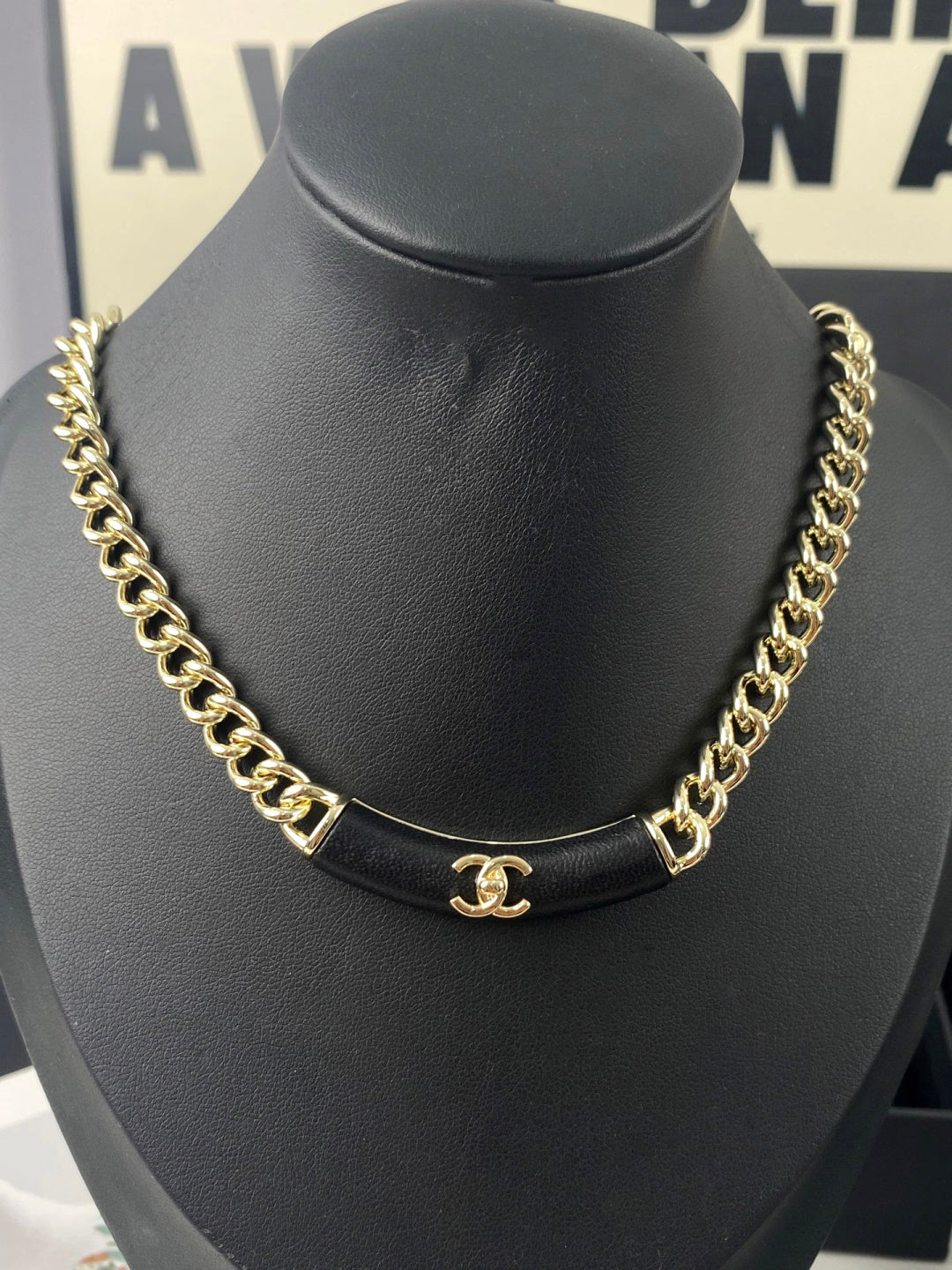 Black-Inlay Interlocking-C Curb Chain Necklace