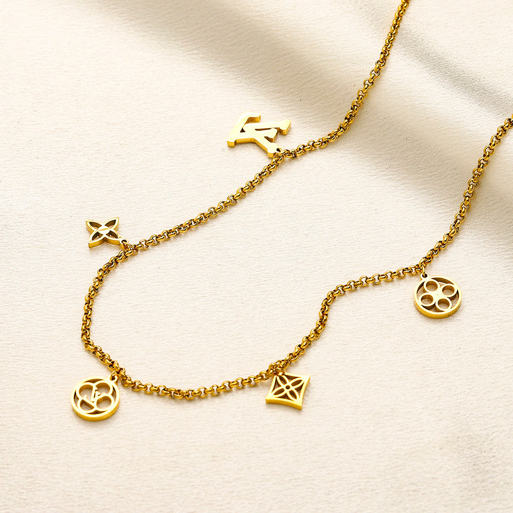 304 Stainless Steel Mixed Floral Monogram Charm Necklace