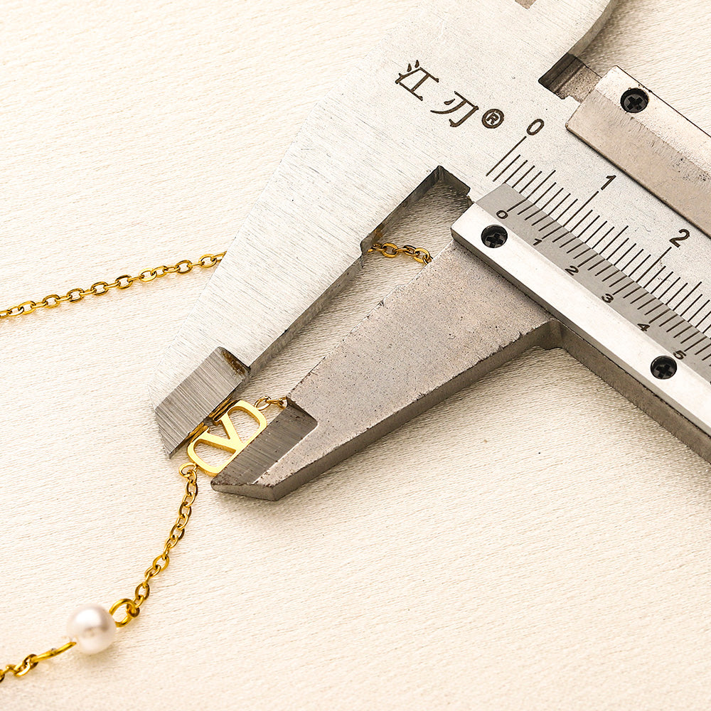 304 Stainless Steel V-Motif & Pearl-Look Bead Station Necklace