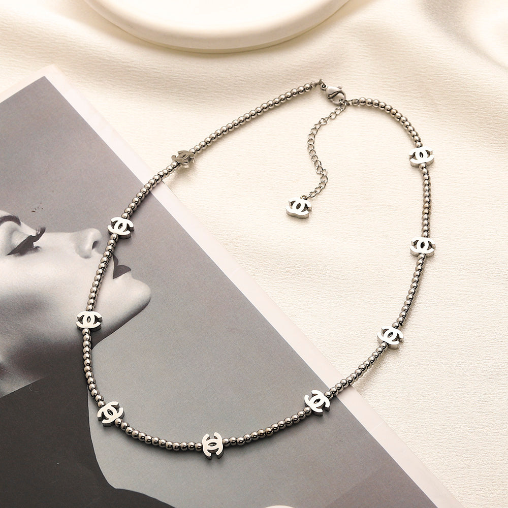 304 Stainless Steel Beaded Chain Interlocking-C Station Necklace