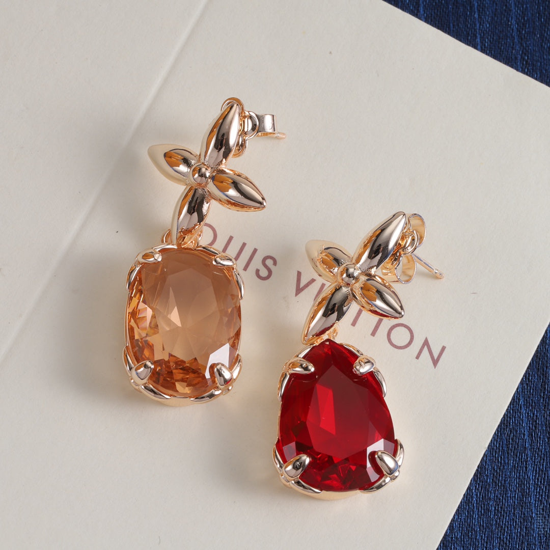 Floral Stud & Oval Stone Drop Earrings