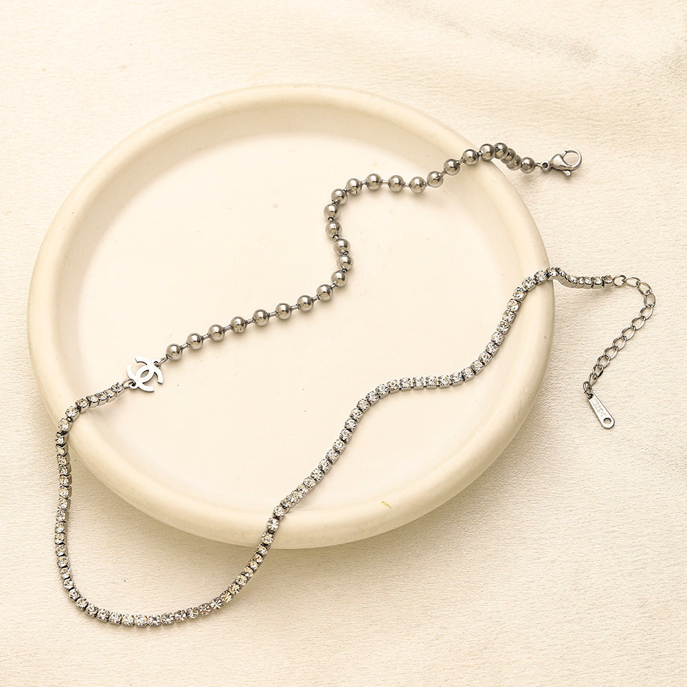304 Stainless Steel Layered Bead & Chain Interlocking-C Necklace