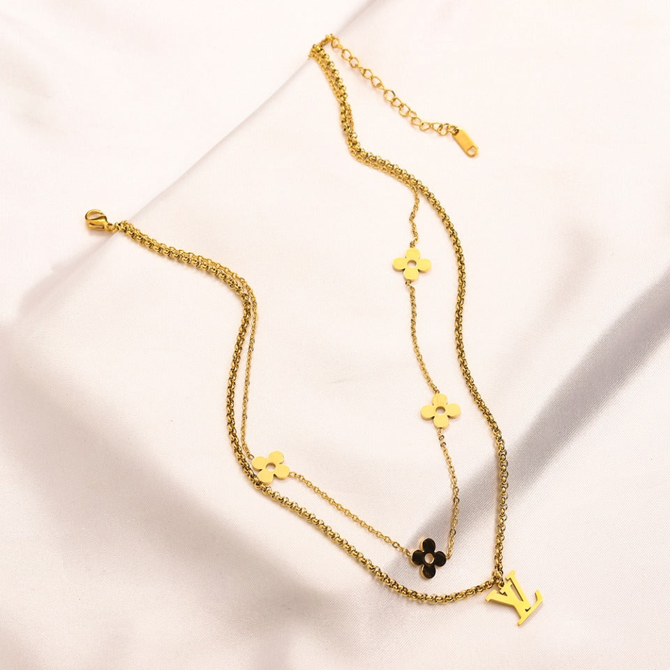 304 Stainless Steel Layered Flower & Monogram Necklace