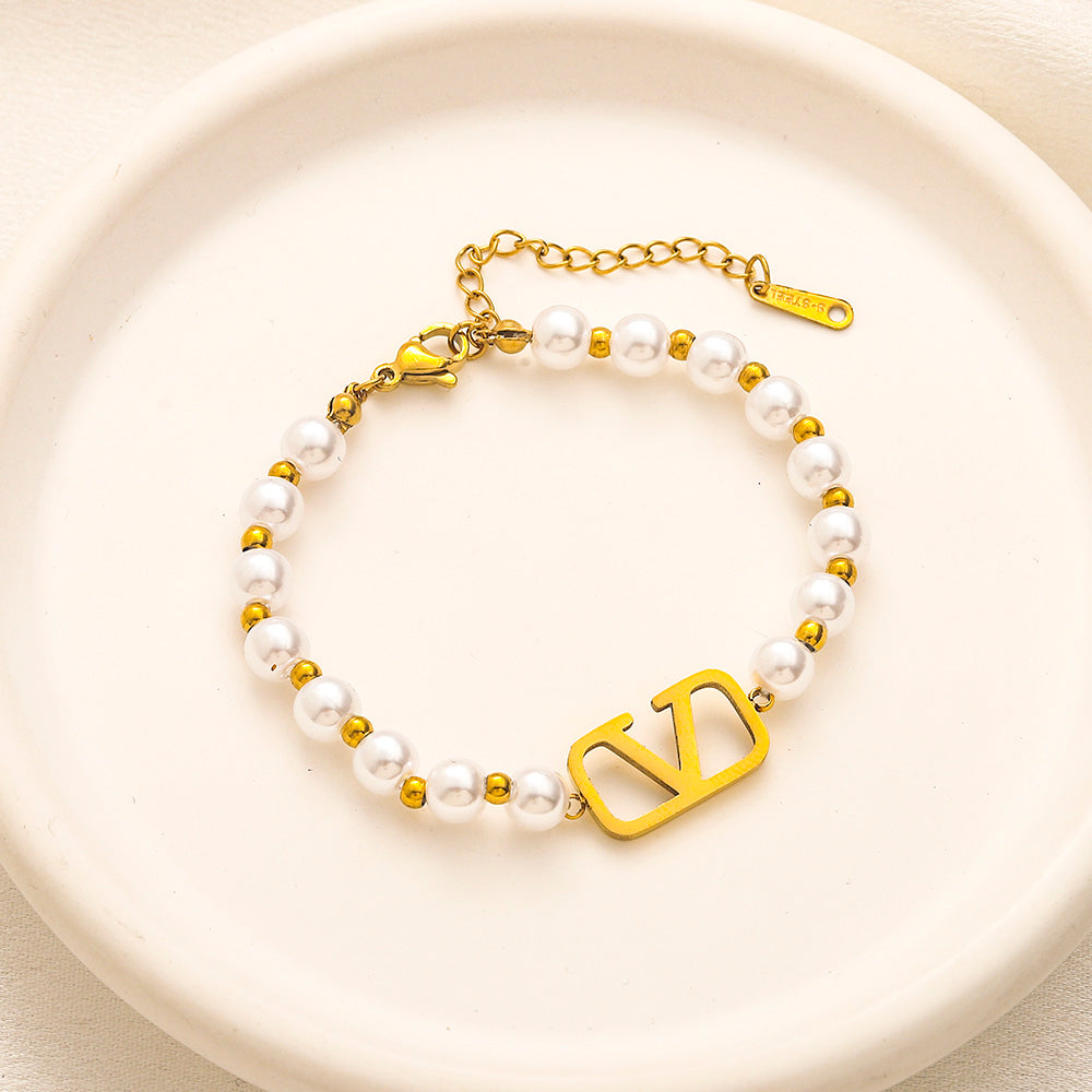 304 Stainless Steel Pearl-Effect Beaded V-Motif Bracelet