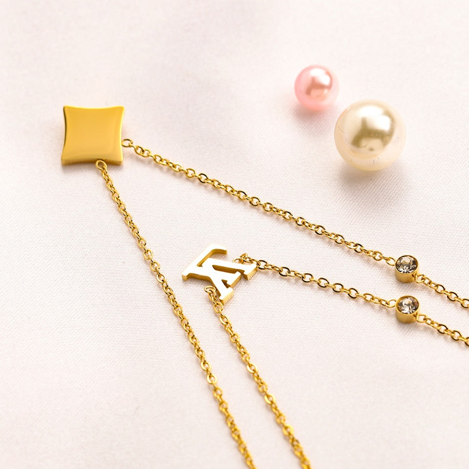304 Stainless Steel Layered Floral Pendant Chain Necklace