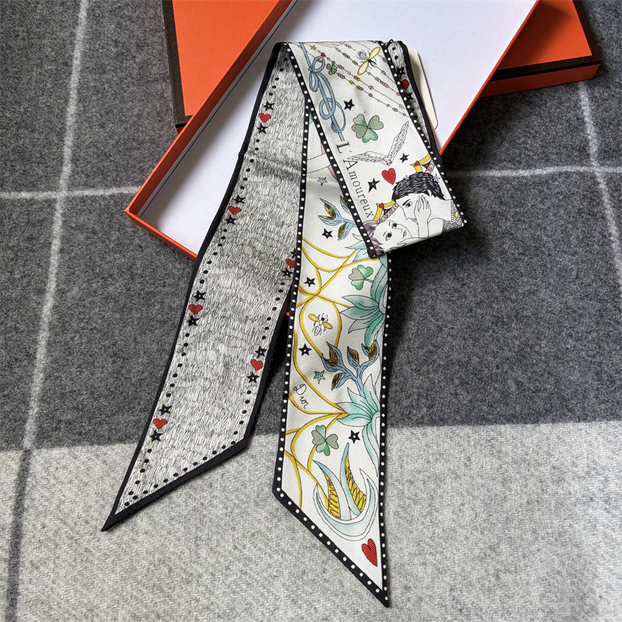 Ornamental Scenic Print Ribbon Scarf - 5 x 120 cm