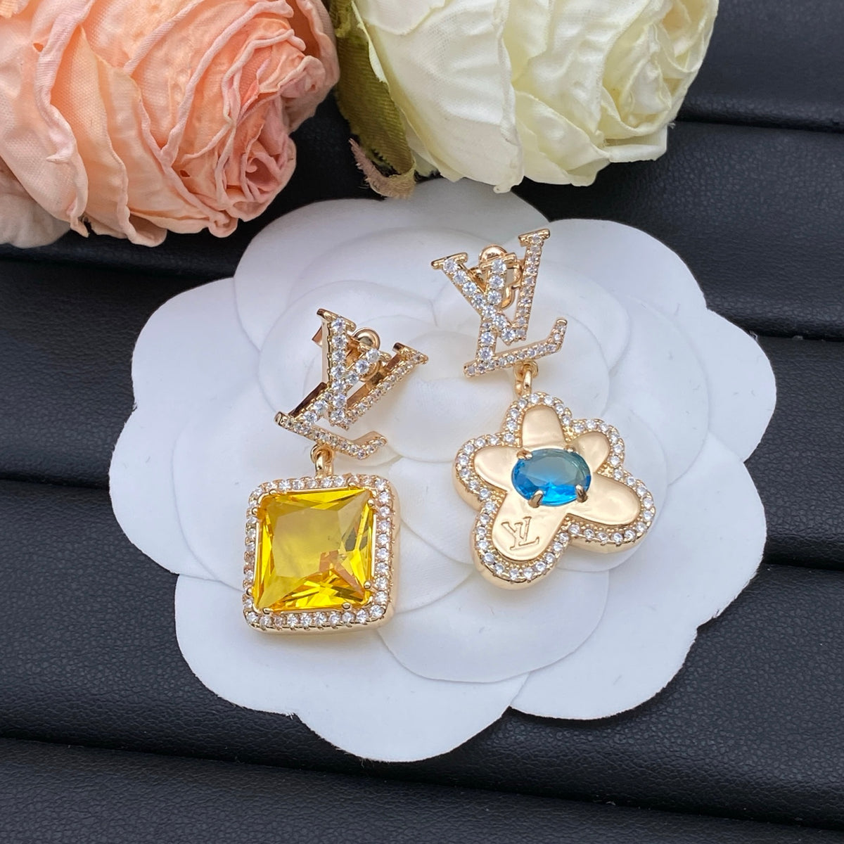 Asymmetric Square & Flower Stone Drop Earrings