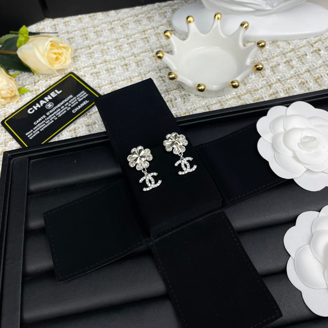 Silver-Tone Flower & Interlocking-C Drop Earrings