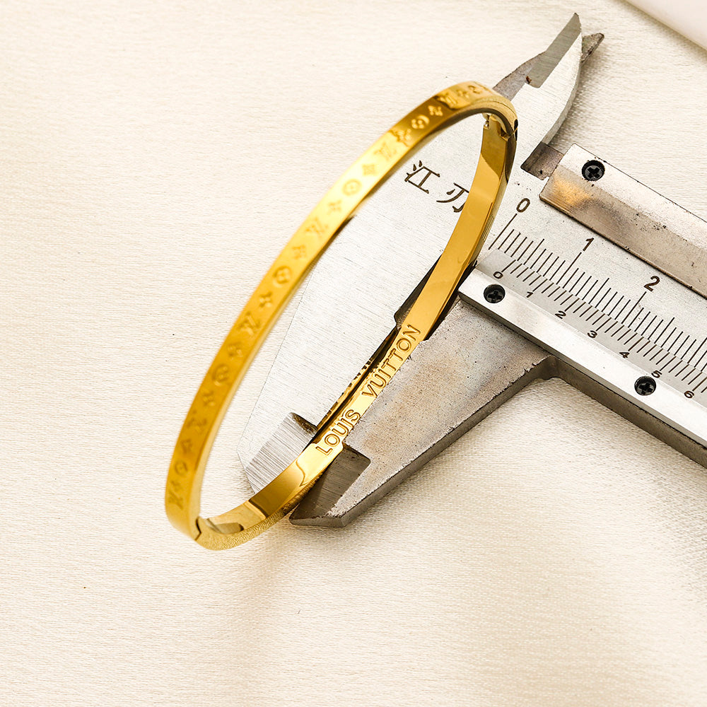304 Stainless Steel Engraved Floral Monogram Bangle Bracelet