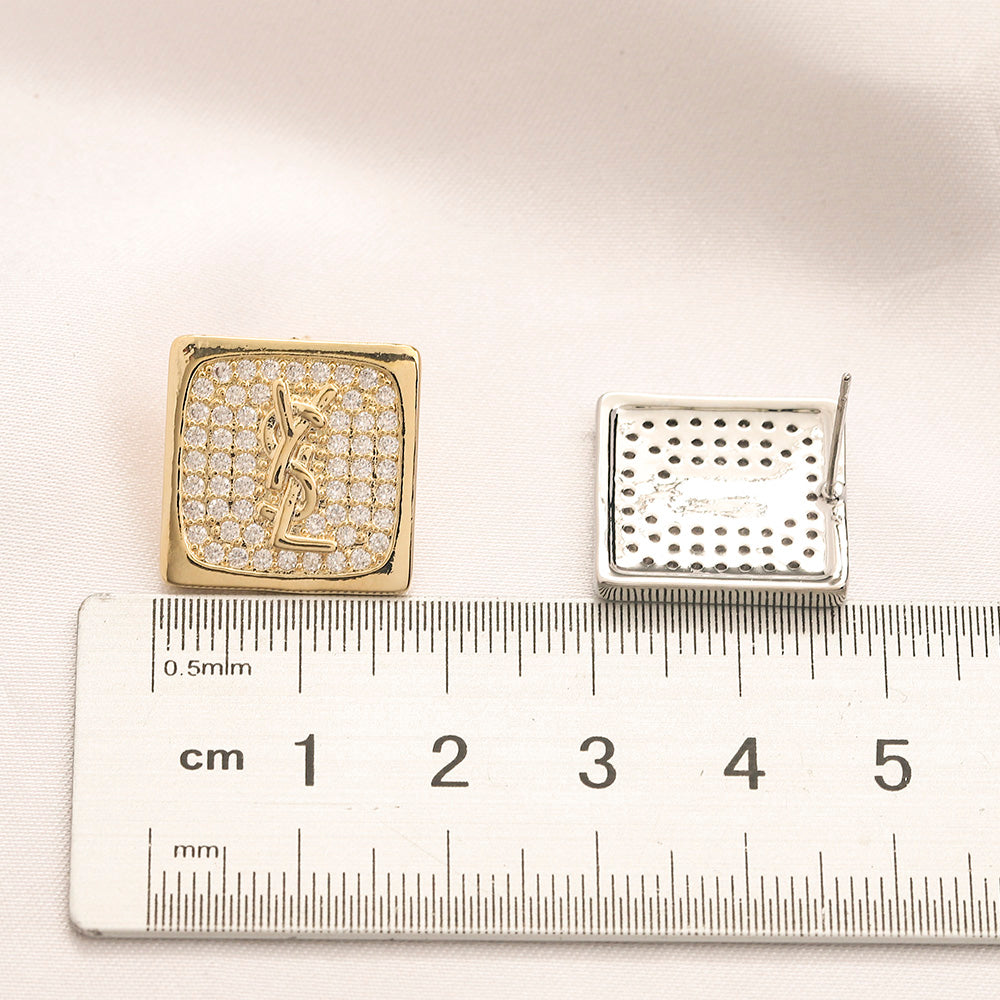 304 Stainless Steel Pave Square Monogram Stud Earrings