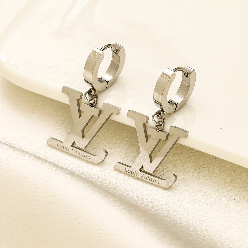 304 Stainless Steel Polished Monogram Charm Huggie Earrings