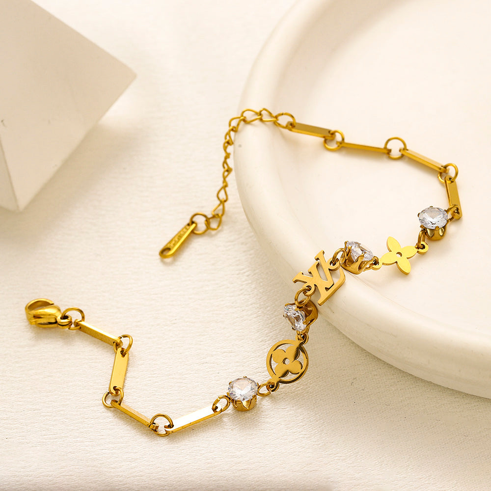 304 Stainless Steel Faceted Bead Floral Monogram Bracelet
