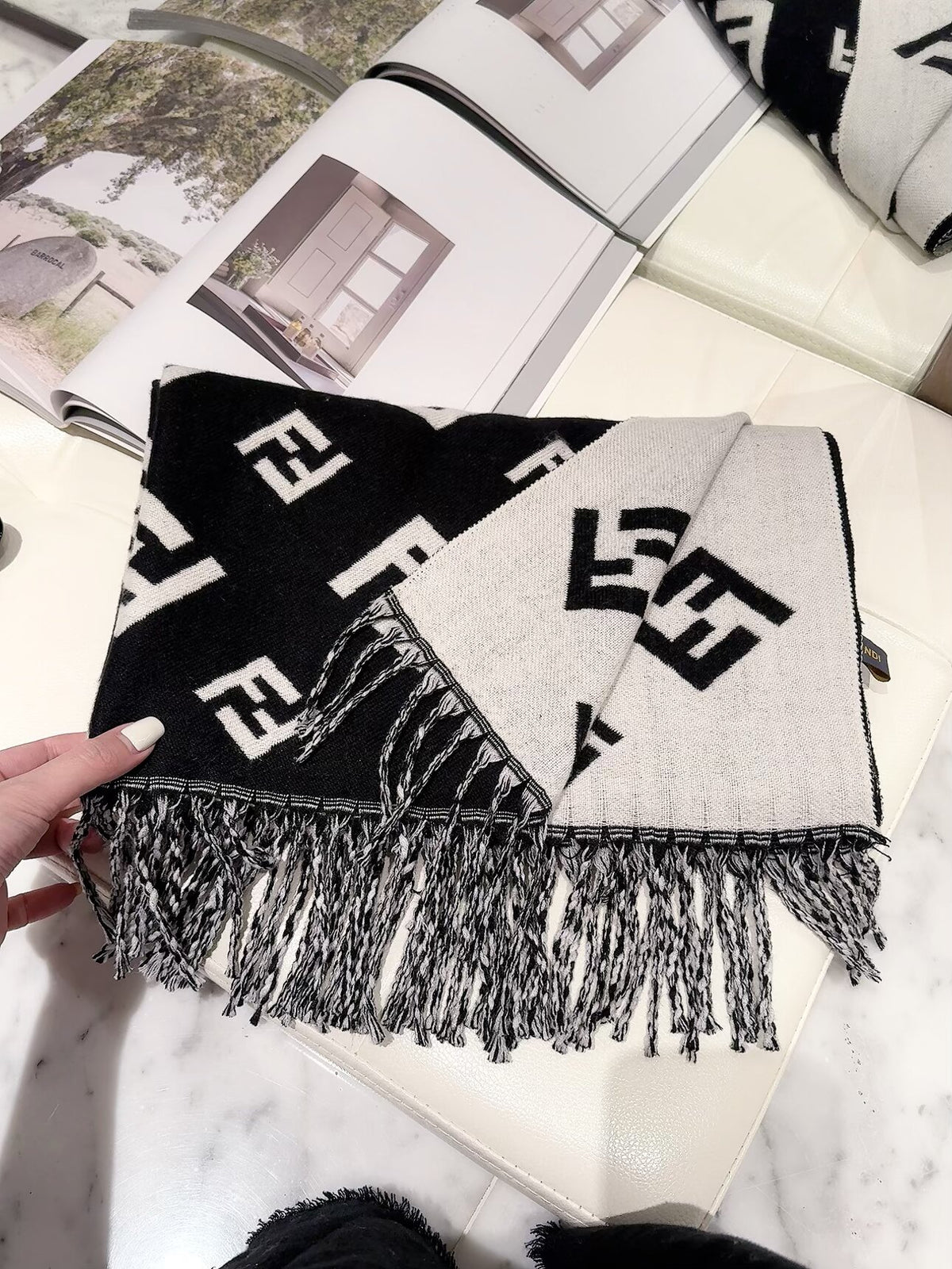 Geometric F-Motif Fringed Scarf