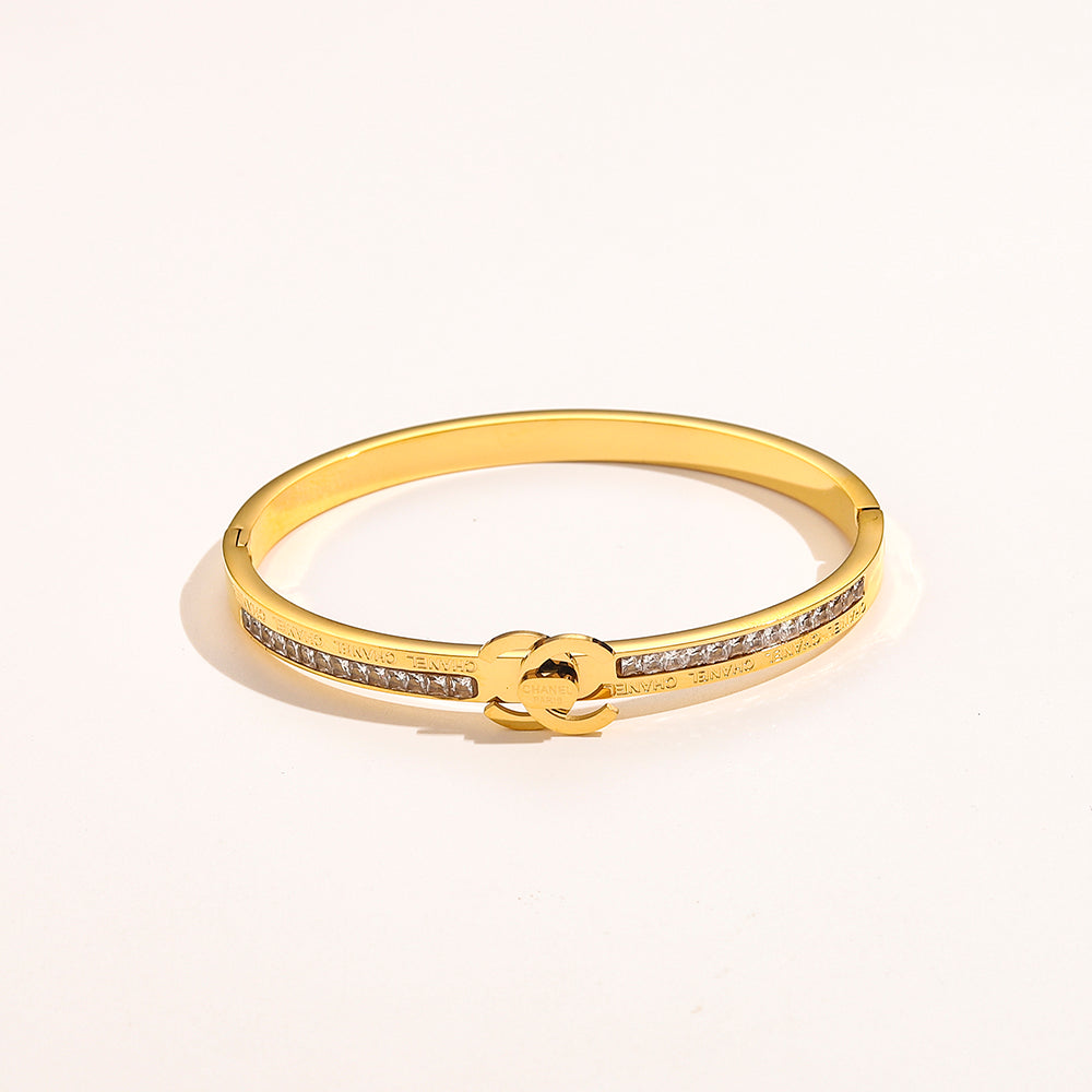 304 Stainless Steel Pave Interlocking-C Slim Bangle Bracelet