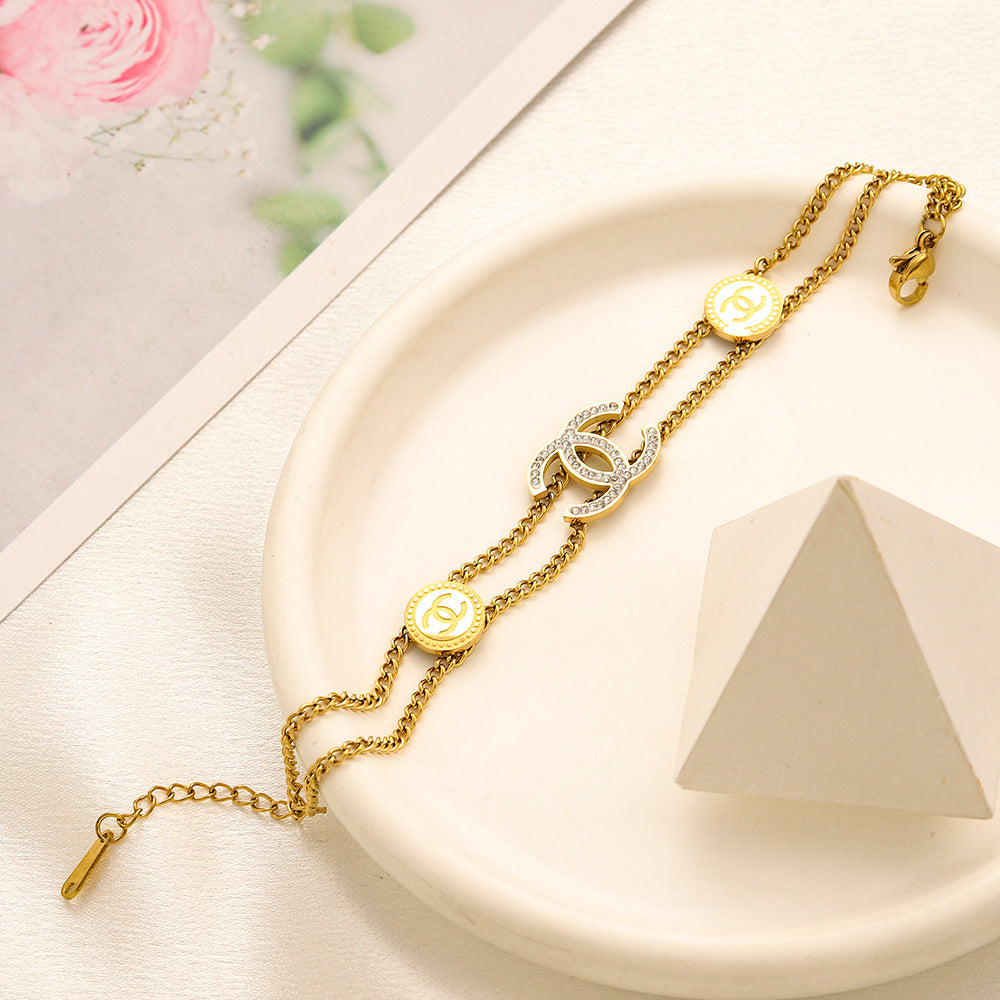 304 Stainless Steel Double-Chain Pave Interlocking-C Bracelet