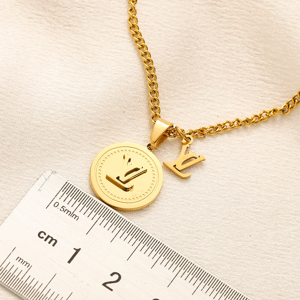 304 Stainless Steel Round Medallion & Monogram Charm Necklace