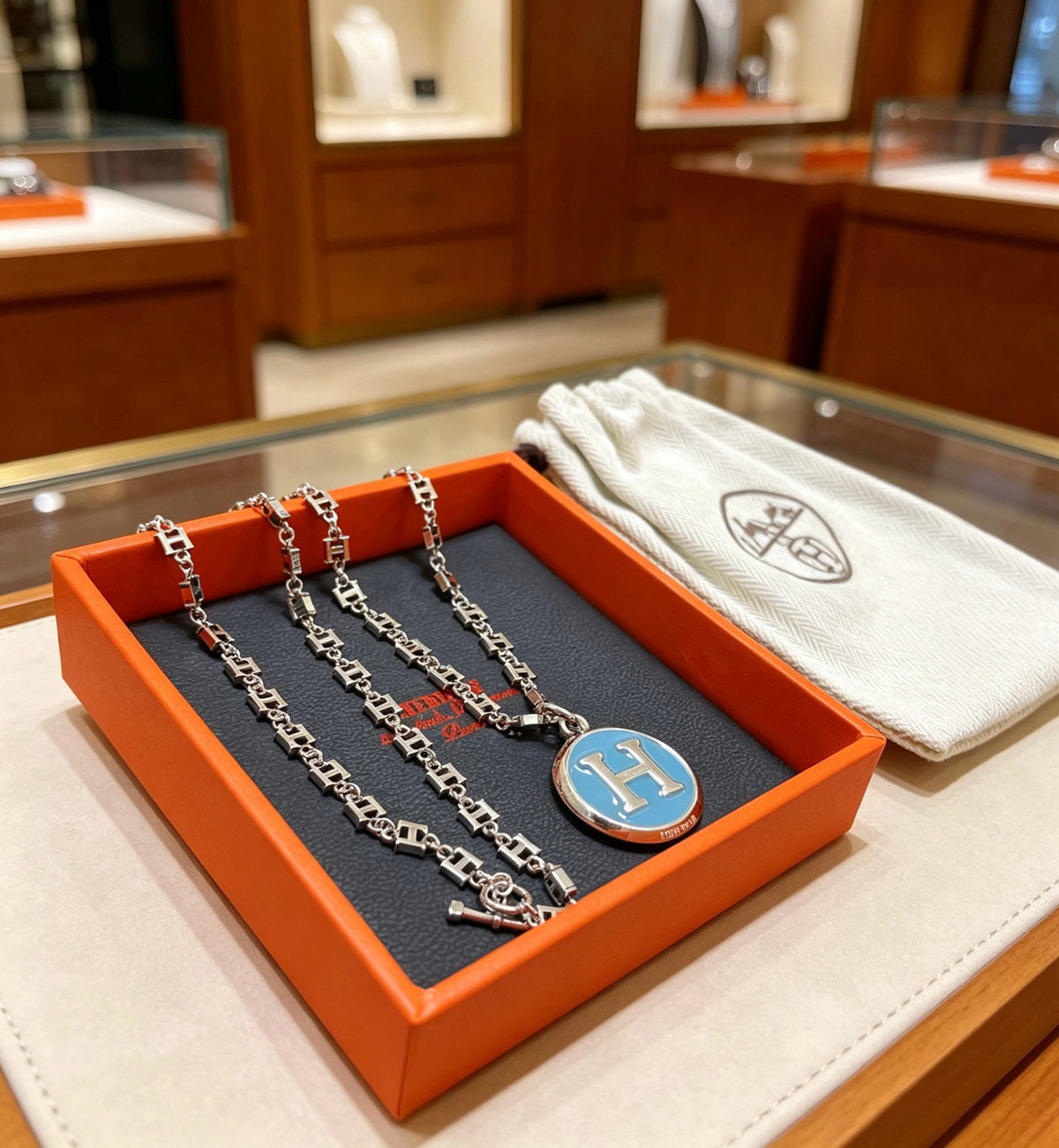 Blue H-Medallion Chunky Chain Necklace