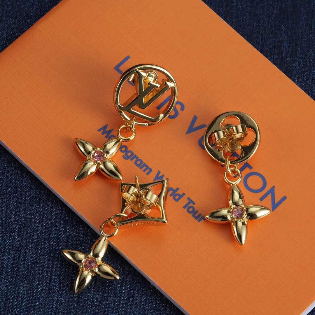 Four-Petal Flower Charm Drop Earrings