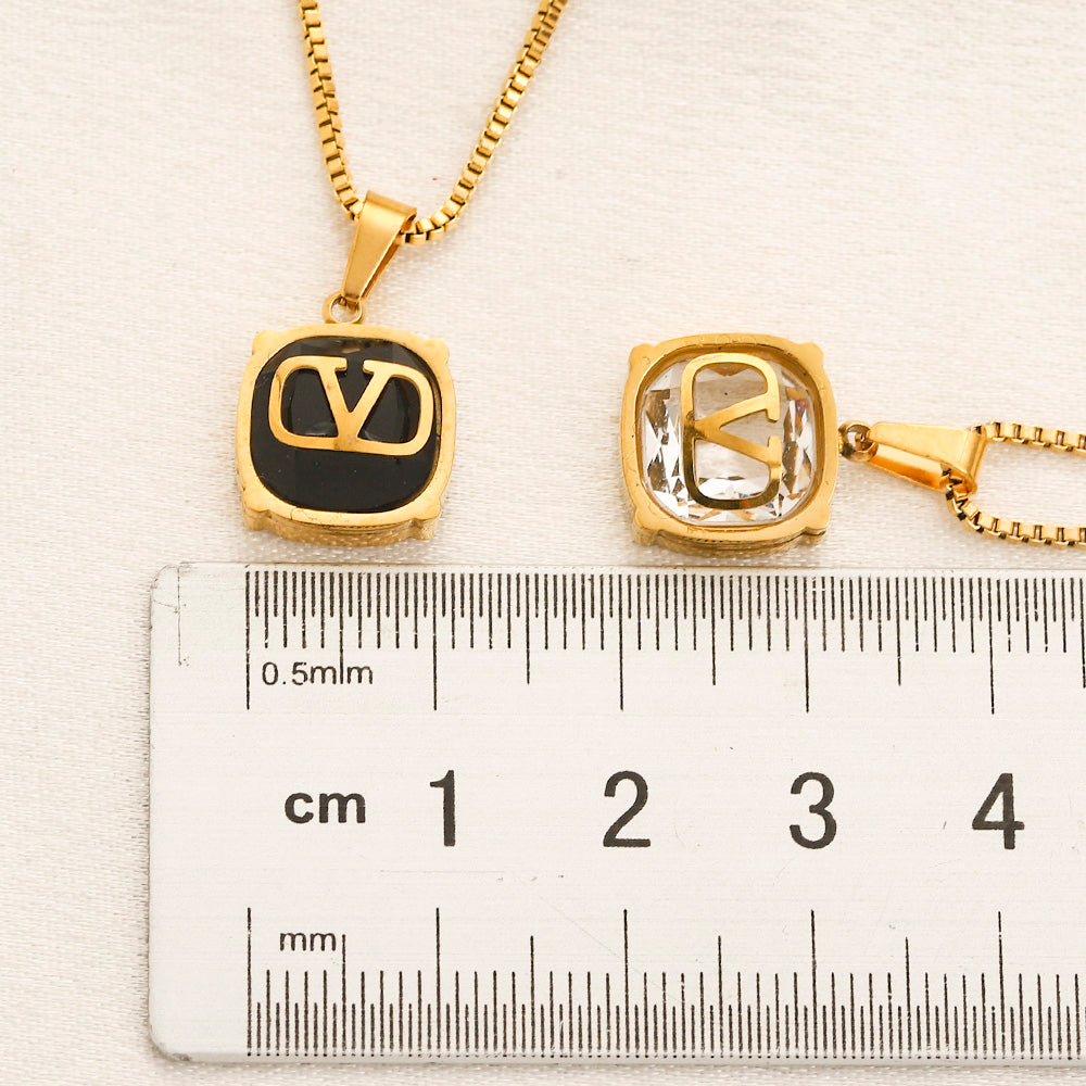 304 Stainless Steel Color-Inlay V-Motif Pendant Necklace