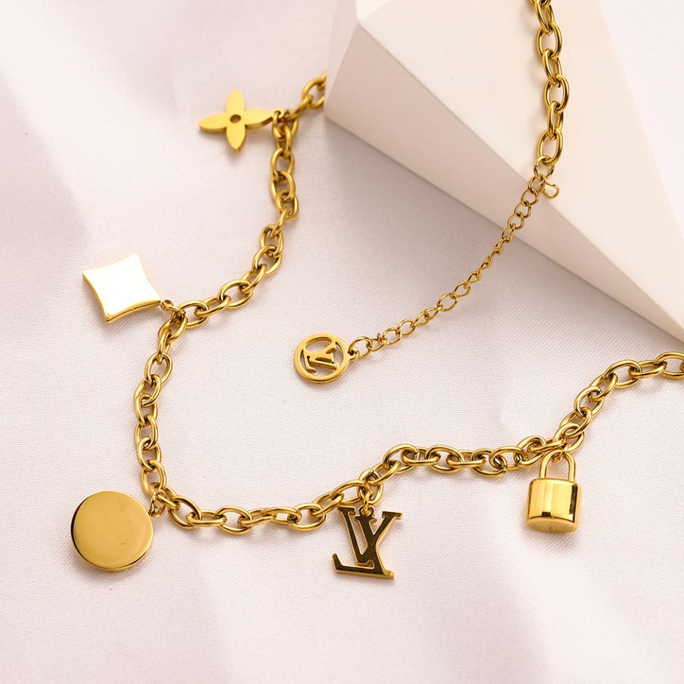304 Stainless Steel Floral Monogram Charm Bracelet & Necklace - Individual or Set