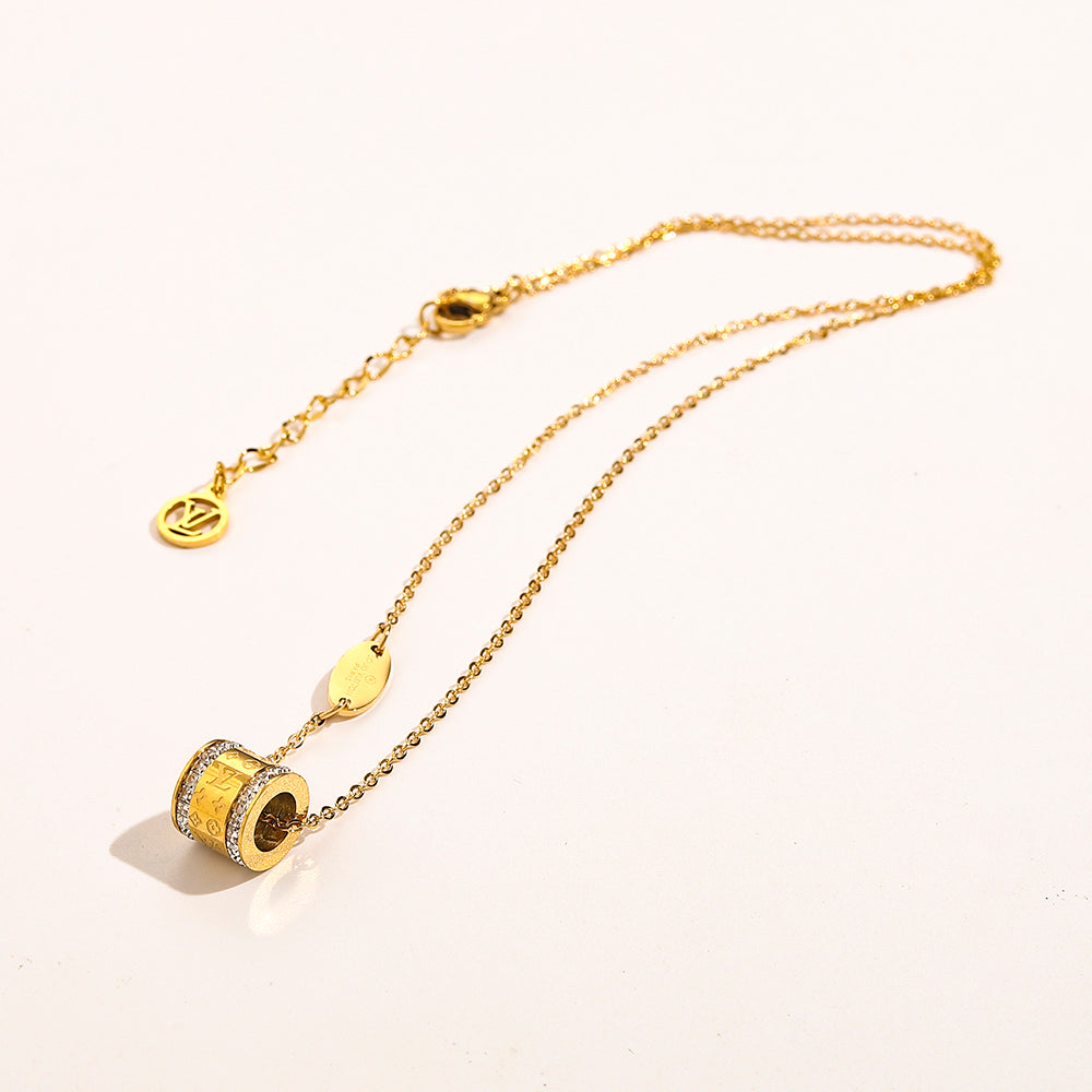 304 Stainless Steel Pave-Edge Barrel Pendant Necklace