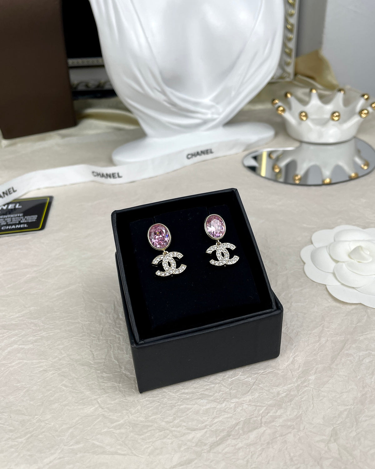 Pink Oval & Pave Interlocking-C Drop Earrings