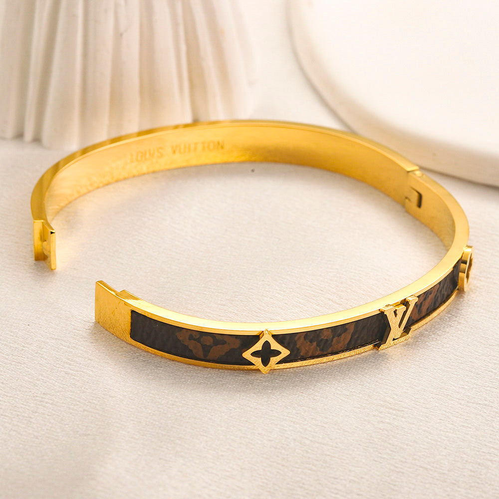 304 Stainless Steel Dark Monogram-Inlay Slim Bangle Bracelet
