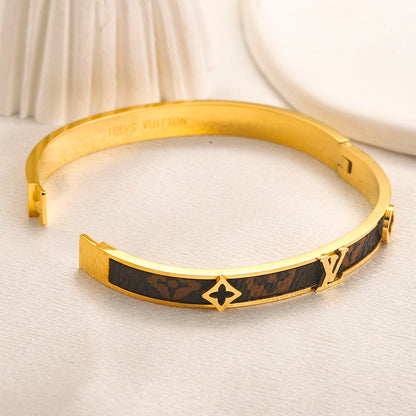 304 Stainless Steel Dark Monogram-Inlay Slim Bangle Bracelet