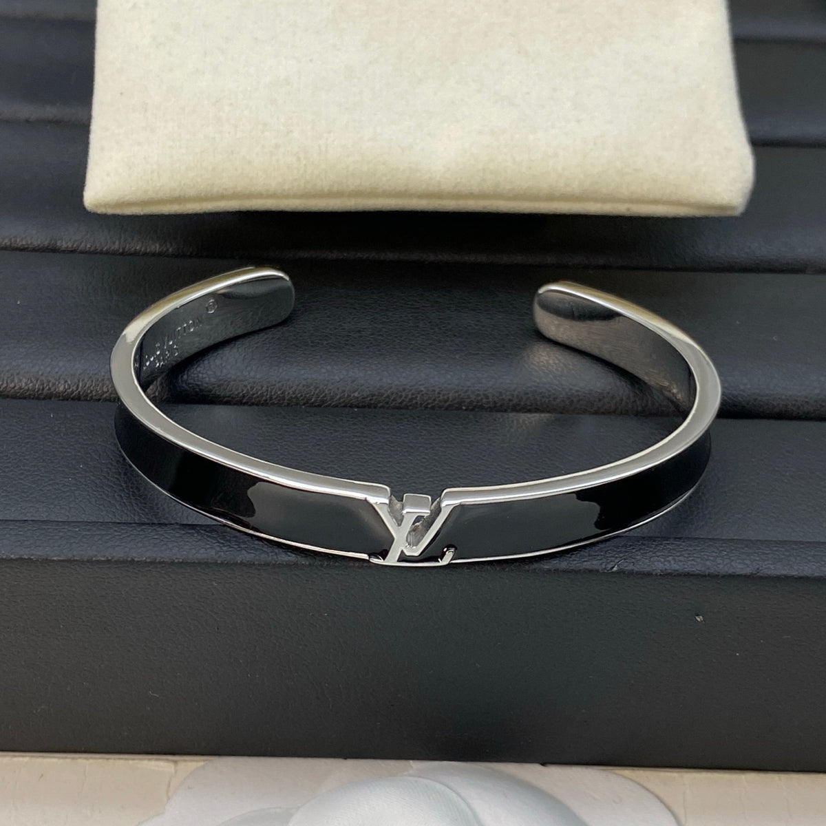 Black Inlay Monogram Cuff Bracelet