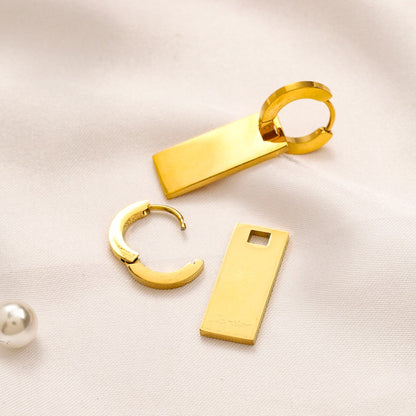 304 Stainless Steel Rectangle Tag Charm Huggie Earrings