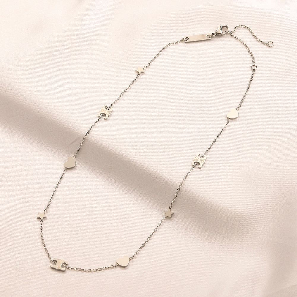 304 Stainless Steel Heart & Star Charm Necklace