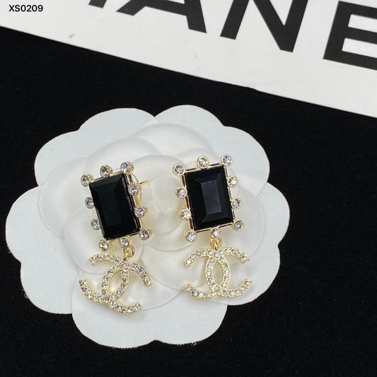 Black Rectangle & Interlocking-C Drop Earrings