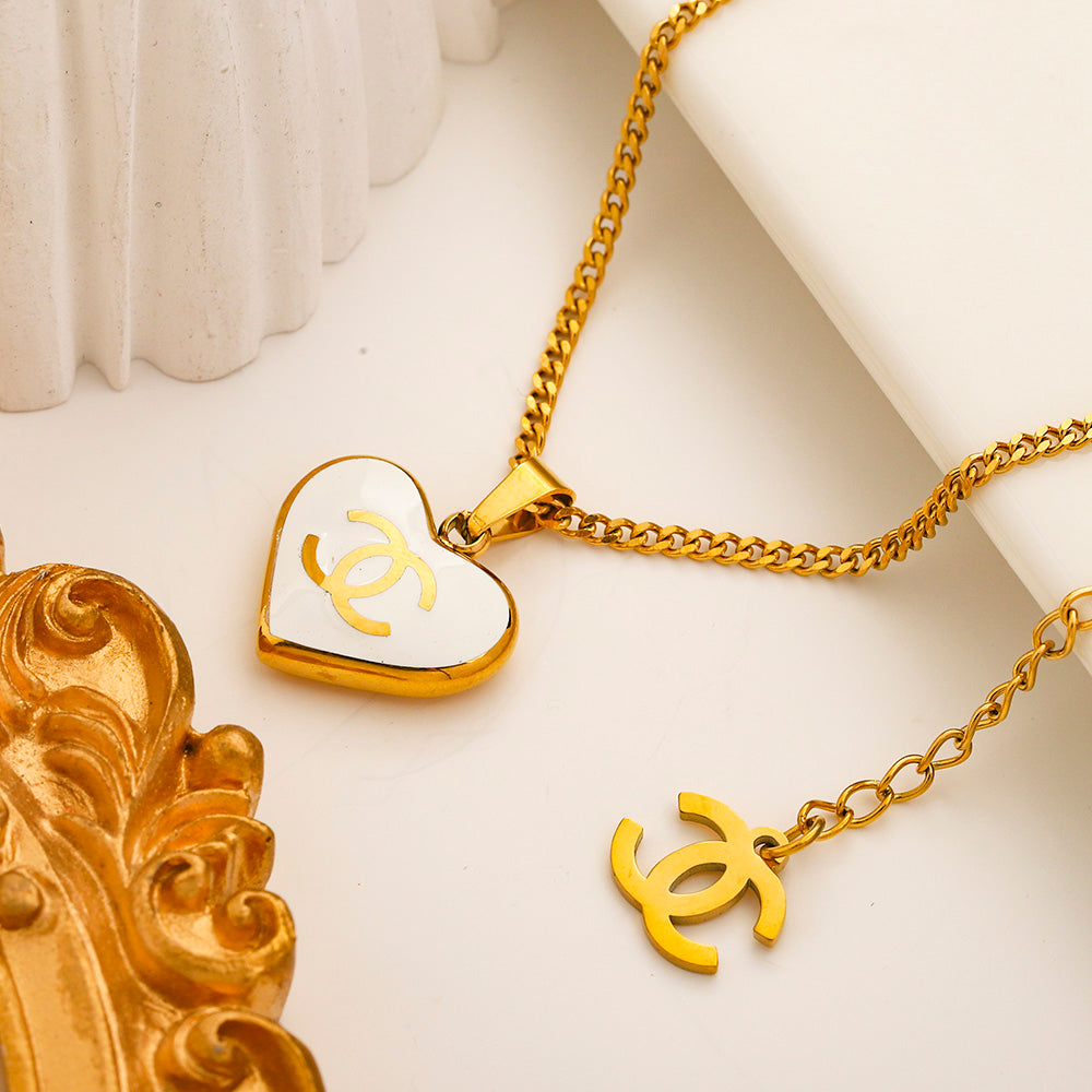 304 Stainless Steel Color-Inlay Interlocking-C Heart Necklace