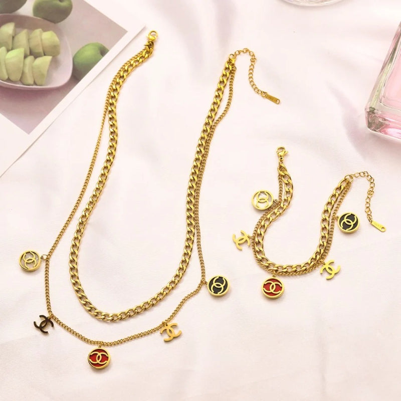 304 Stainless Steel Layered Round Charm Bracelet & Necklace - Individual or Set