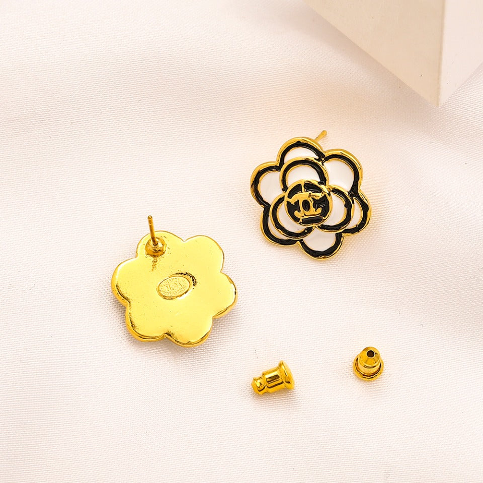 Alloy Black Outline Camellia Stud Earrings