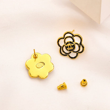 Alloy Black Outline Camellia Stud Earrings