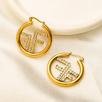 304 Stainless Steel Pave F-Motif Hoop Earrings