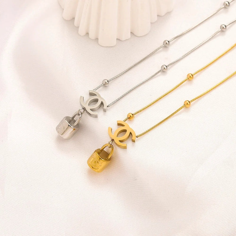 304 Stainless Steel Double-Chain Monogram & Tag Necklace