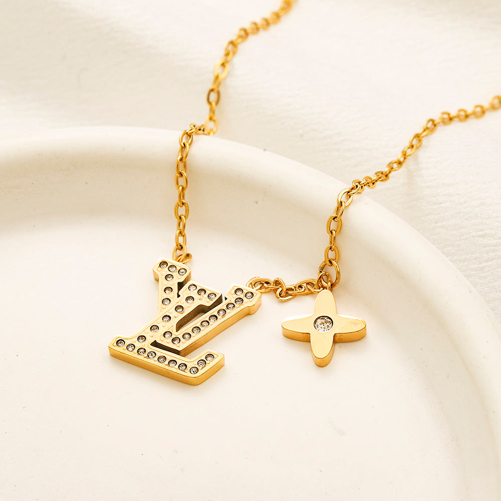 304 Stainless Steel Pave Monogram & Flower Pendant Necklace