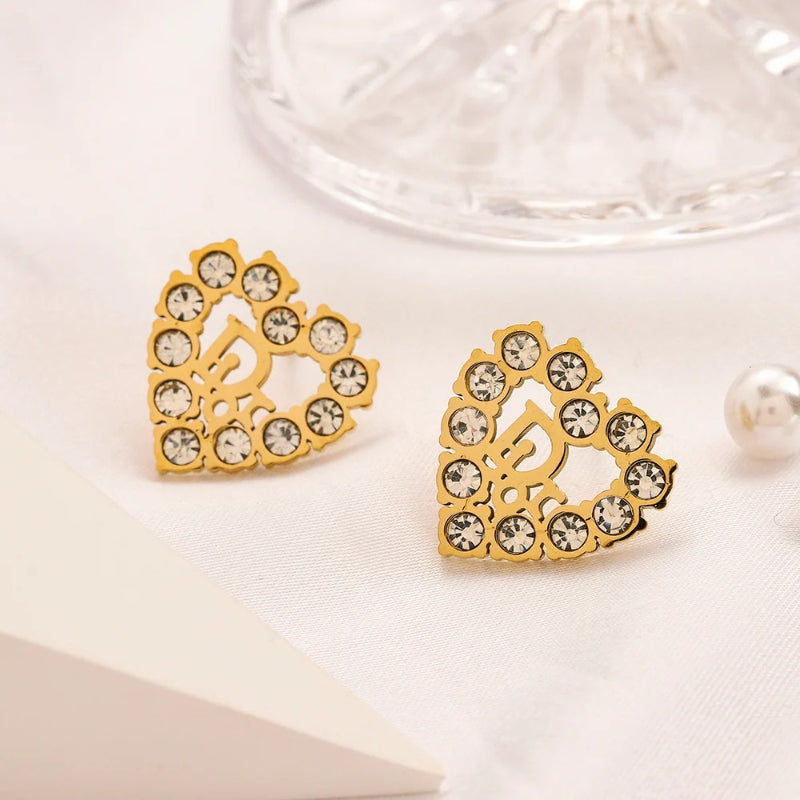 304 Stainless Steel Stone-Set Heart Stud Earrings