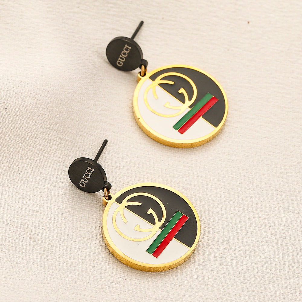 304 Stainless Steel Striped Round Monogram Drop Earrings