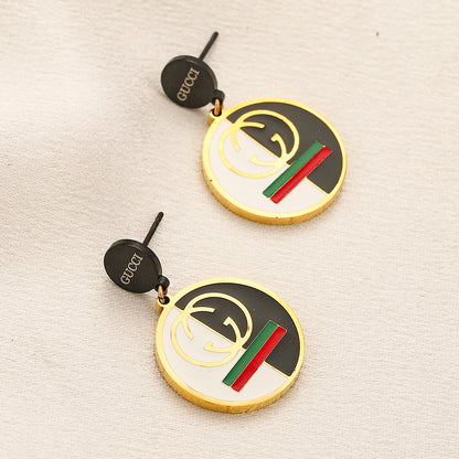 304 Stainless Steel Striped Round Monogram Drop Earrings