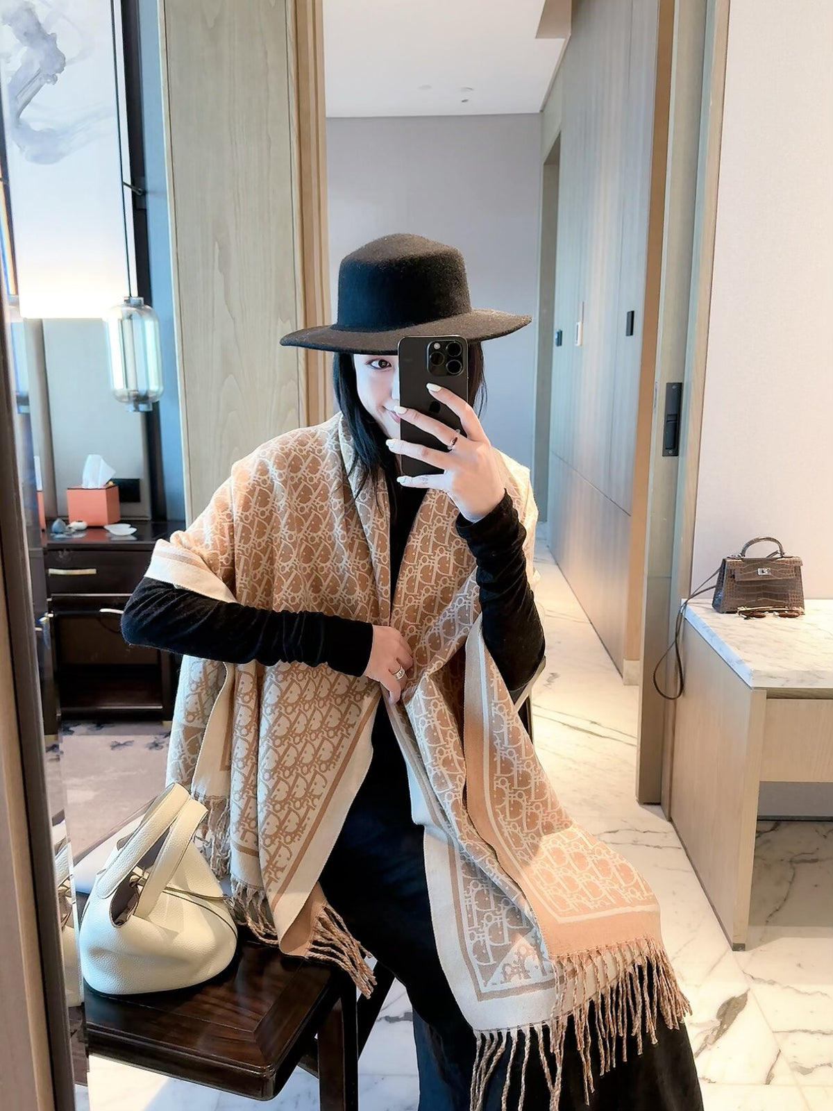 Allover Monogram Border Scarf with Fringe
