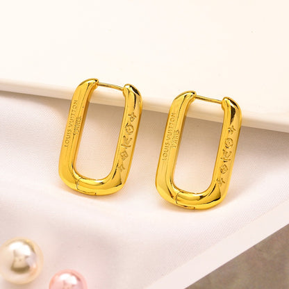 304 Stainless Steel Engraved Oblong Hoop Earrings